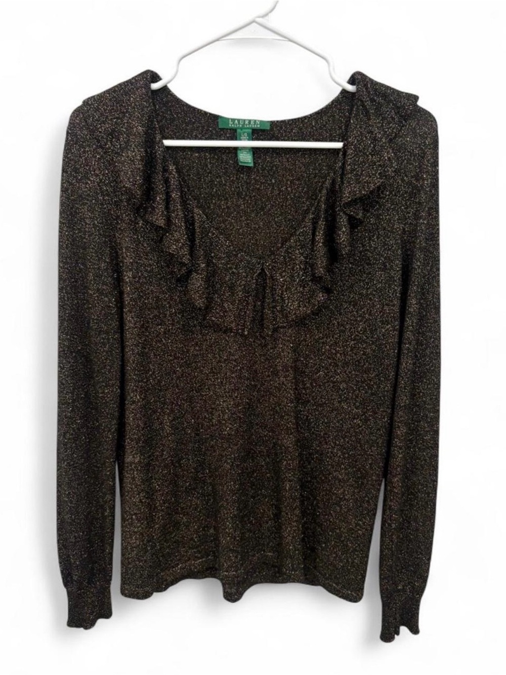 Lauren Ralph Lauren Black Gold Shimmer Ruffle Long Sleeve Blouse Large Stretch